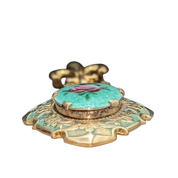 Vtg 1930s Guilloche Enamel Work Rose Design Fleur de Lis Locket Hanging Brooch - Picture 4 of 7